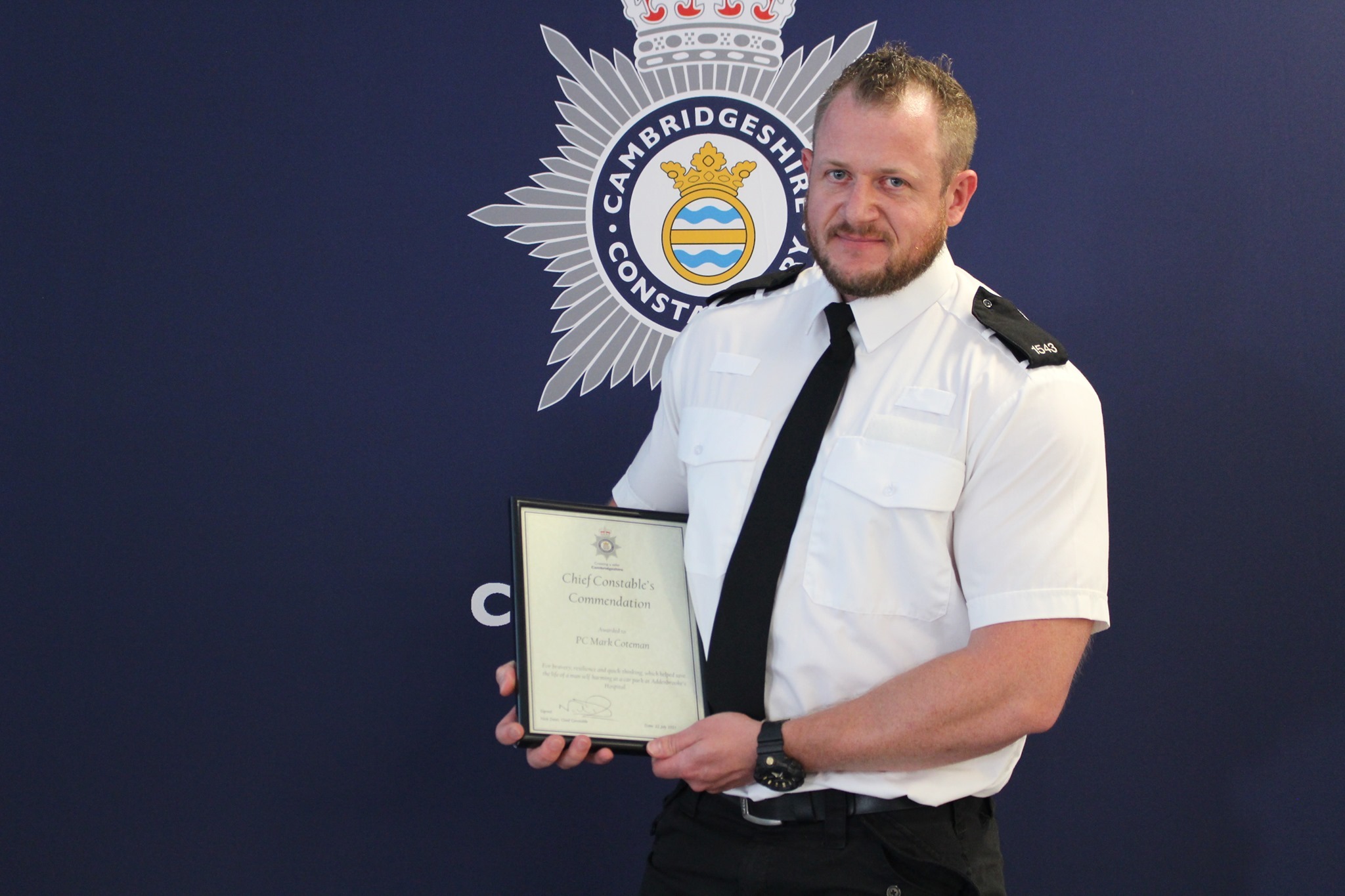 Mark Coteman, who served as a PC with Cambridgeshire Constabulary pleaded guilty to three charges. In 2021(above) he was commended for bravery