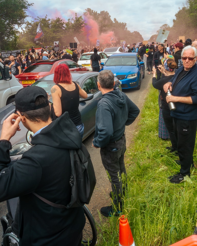 ‘Free the MBR Beagles’ shouted protestors outside MBR Acres at Wyton near Huntingdon yesterday 