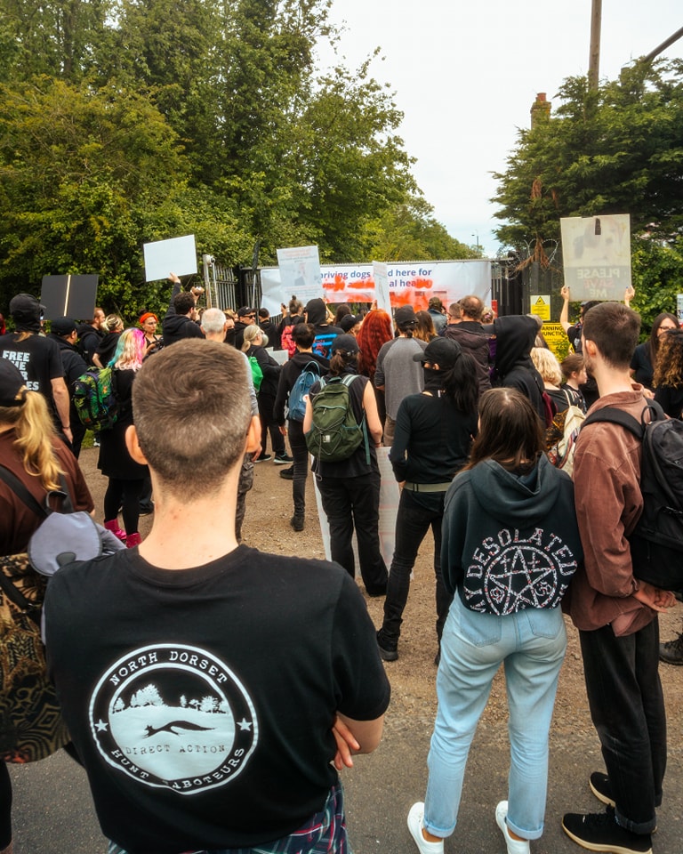 ‘Free the MBR Beagles’ shouted protestors outside MBR Acres at Wyton near Huntingdon yesterday 