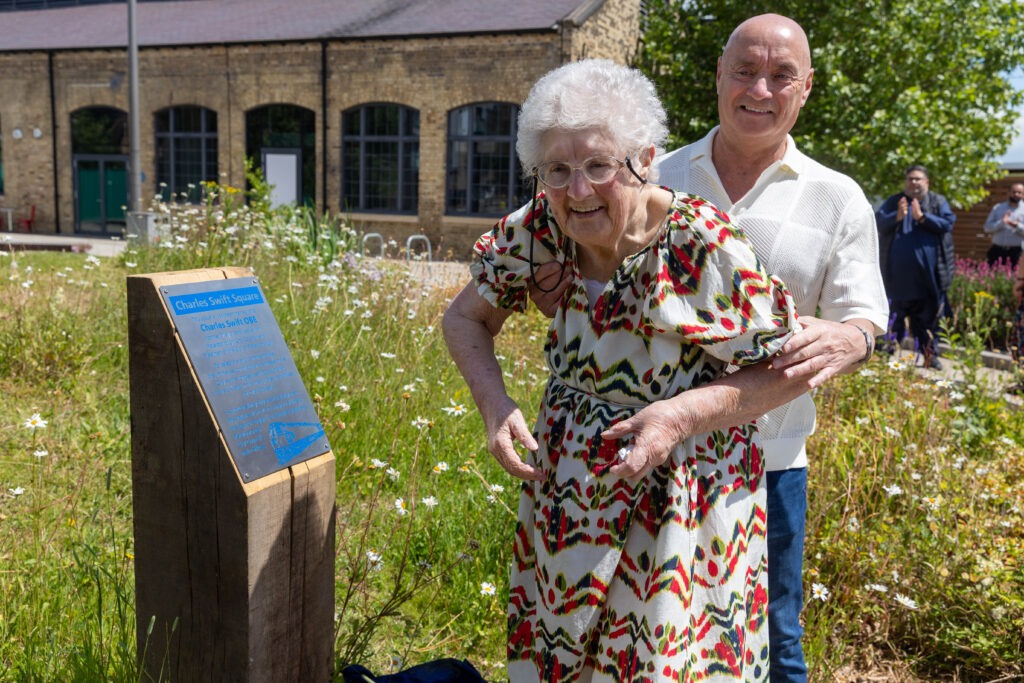 A plaque to commemorate Charles Swift after a square was named in his honour was unveiled today by his widow Brenda. Brenda was joined by close family and friends and many councillors Including the Mayor Marco Cereste who hosted the event. Charles Swift Square, Peterborough Thursday 27 June 2024. Picture by Terry Harris.