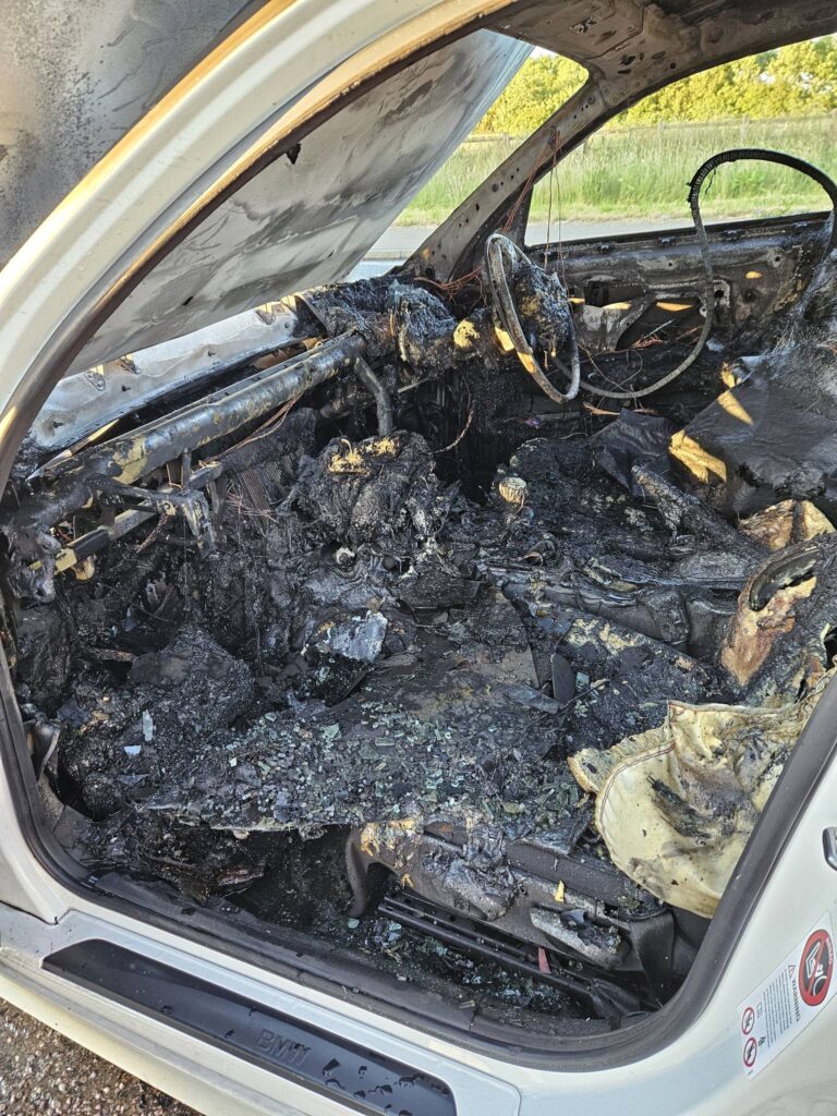 The crews, who came from Huntingdon and Sawtry, worked hard to extinguish the fire on the B1043 near Stilton, and make the area safe