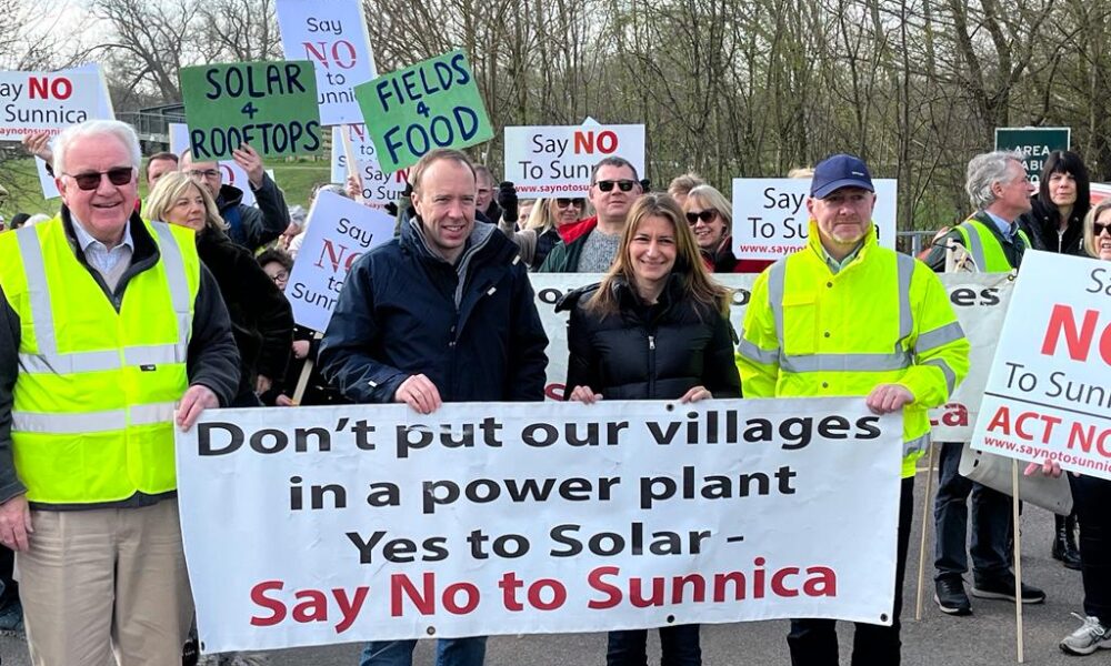 In March 2022 MPs Lucy Frazer and Matt Hancock (above) joined forces to join a ‘No to Sunnica march’. Ms Frazer lost her seat at the general election; Mr Hancock did not stand.