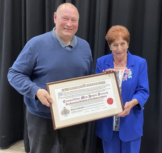 July 2024 – The Mayor of March, Cllr Gary Christy presents the ‘Freedom of the Town’ to Cllr Jan French for all her efforts over the past years and her dedicated support to the Town of March. PHOTO: March Town Council