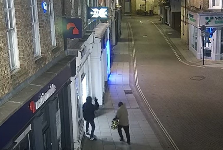 CCTV operators called police who caught the pair red-handed outside the shop, however they ran off, leaving a hammer and a bag of stolen items behind.