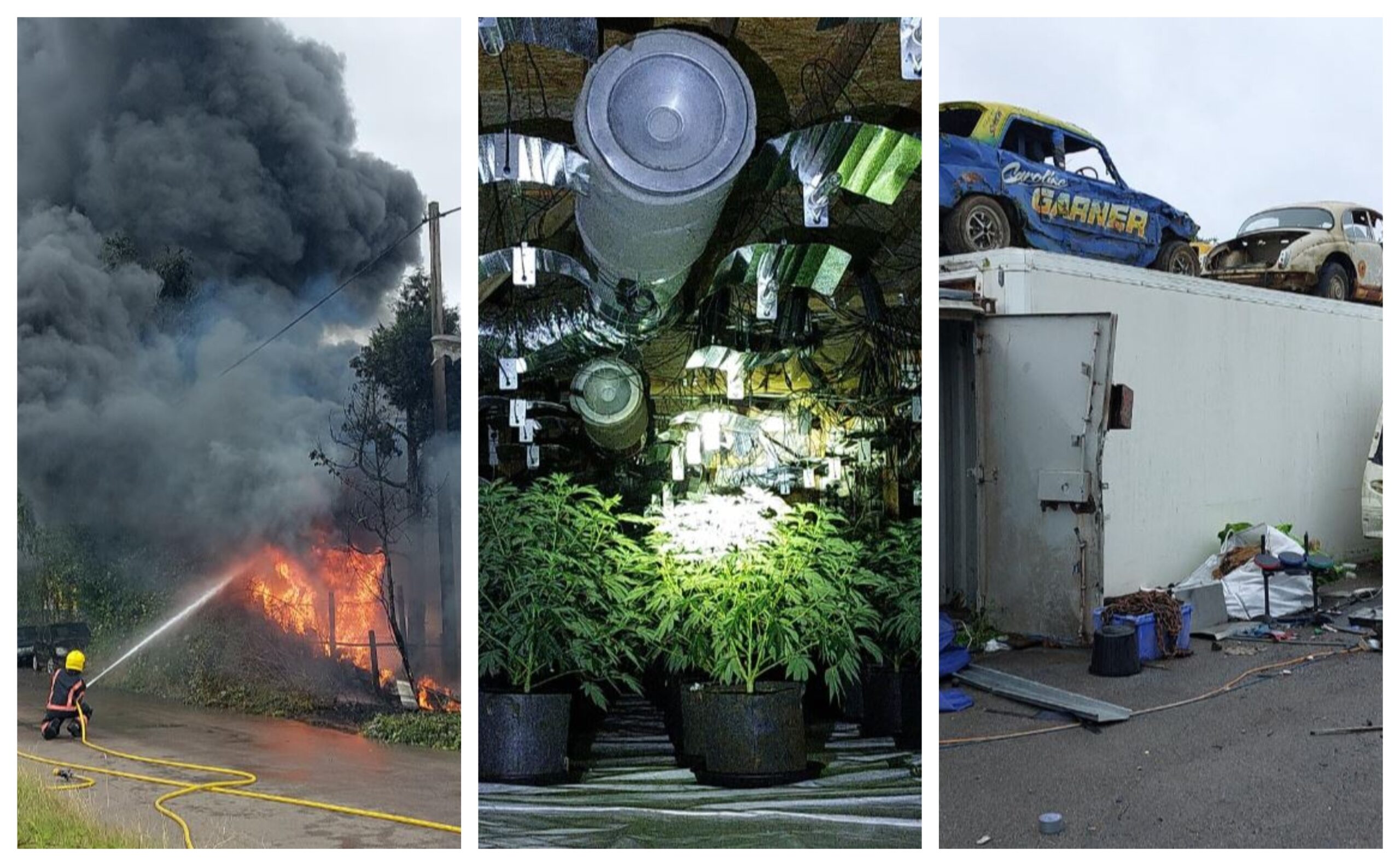 An electricity pylon in Oldfield Lane Wisbech caught fire after being used to illegally abstract power to run a cannabis factory in a neighbouring scrapyard. A second cannabis factory elsewhere was discovered. PHOTO: Policing Fenland/Cambs Fire and Rescue