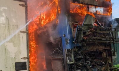 The fire broke out last night just before 6.30pm at Young’s Coaches at Lode Way, Haddenham, and destroyed at least one bus and an artic trailer.