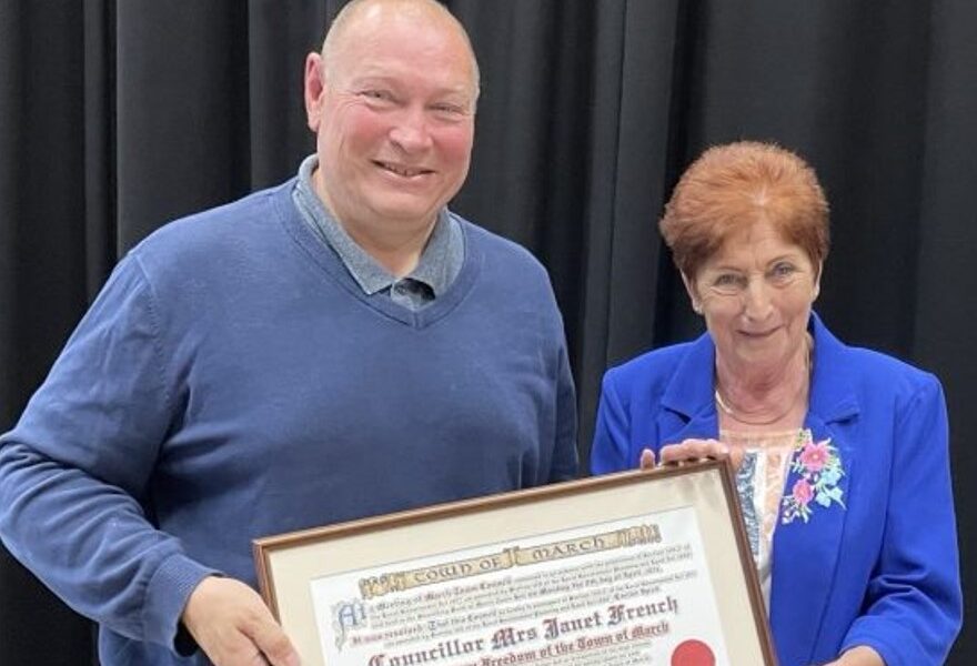 July 2024 – The Mayor of March, Cllr Gary Christy presents the ‘Freedom of the Town’ to Cllr Jan French for all her efforts over the past years and her dedicated support to the Town of March. PHOTO: March Town Council