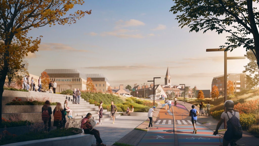 The image was prepared by ARUP. It is an artist impression of the view from the Queensgate Roundabout towards the city centre